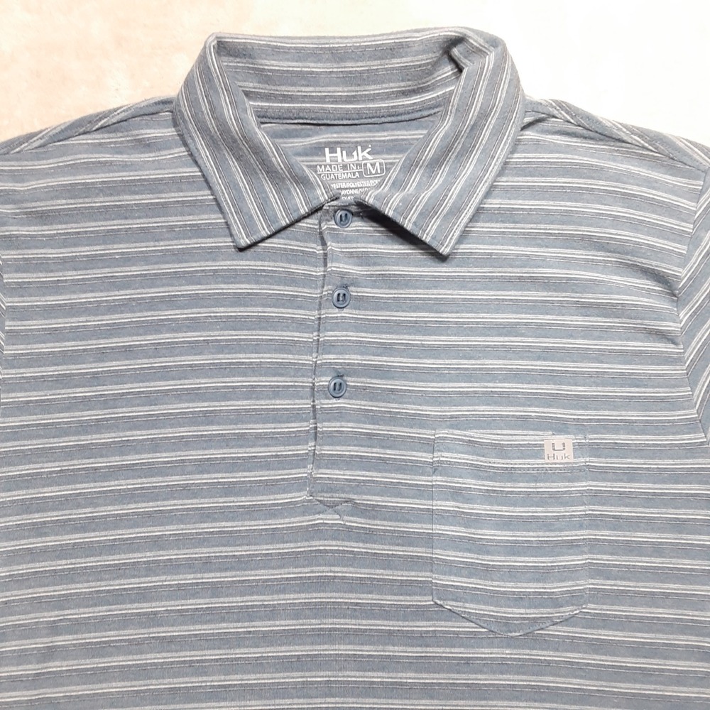 Huk Mens Performance Polo Medium Blue Chest Pocket Striped Rayon Blend - Picture 2 of 9